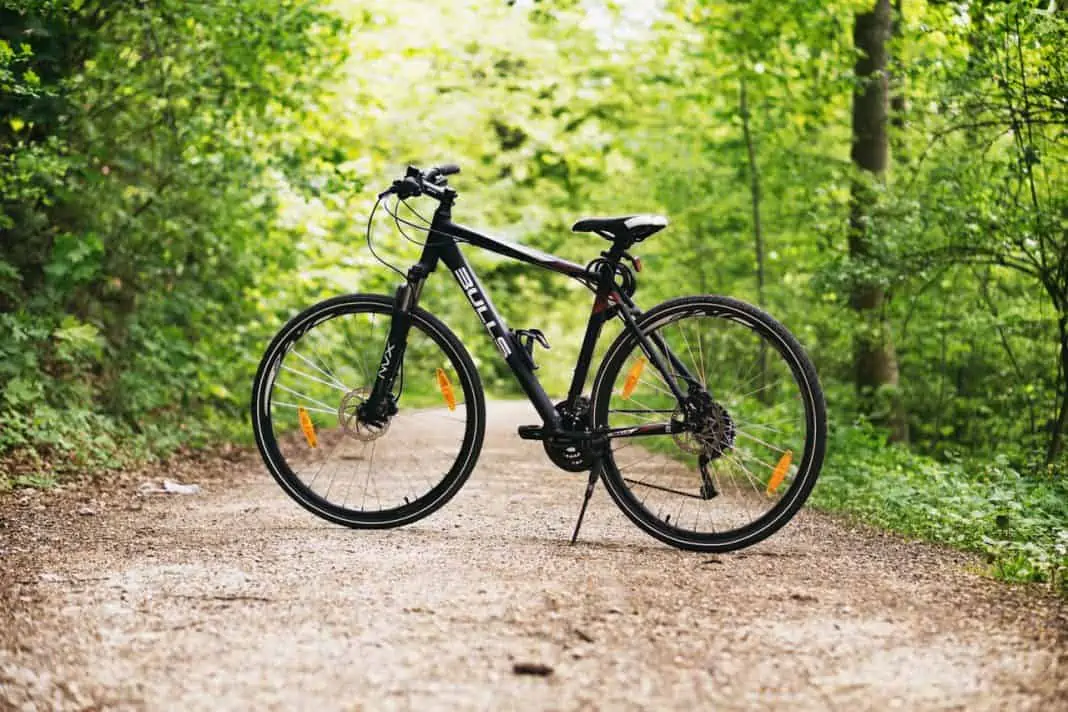 Sort mountainbike holder parkeret i skov